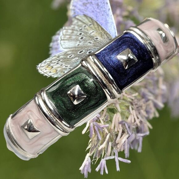 Vtg Geo Glam Enamel Clamper Silver Tone Hinge Bangle Bracelet Green Pink & Blue - Picture 6 of 12